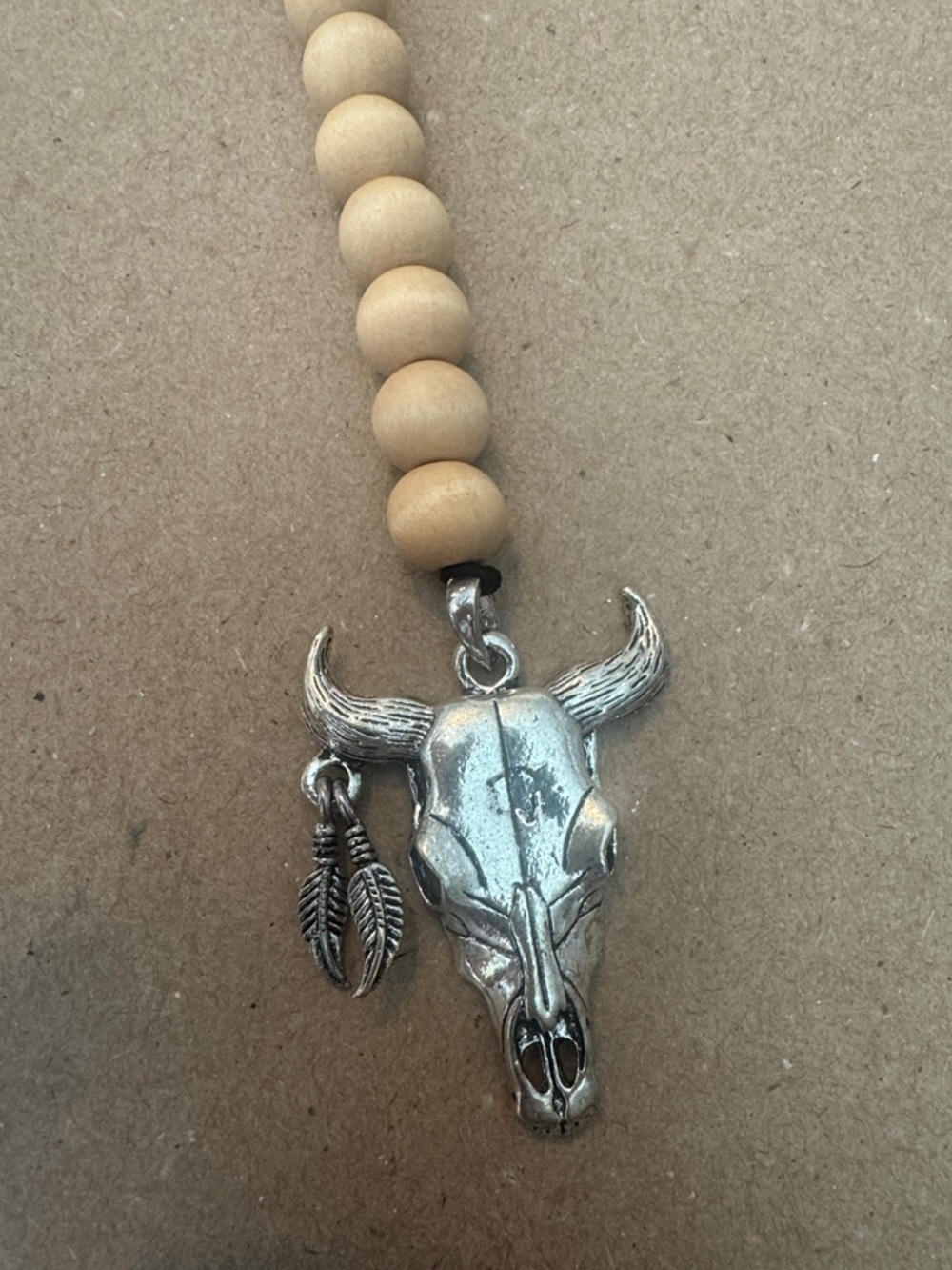 Wooden Bead Keychain with Silver Bull Skull Charm- for REARVIEW mirror - Picture 2 of 2